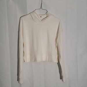 Cozy Cream Hooded Sweater Ribbed Cropped 2010's Y2K Style Small Cotton Poly